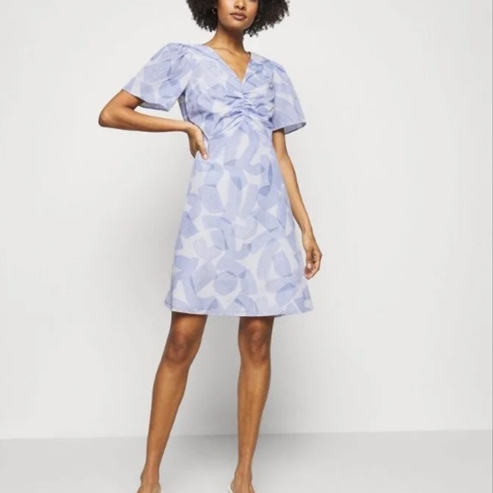 Printed Ruched Front Dress - New With Tags - NEVER WORN - White/Blue Multi - Picture 2 of 9